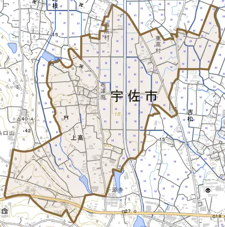大字上高とその周辺の地図。町の範囲を重ねている