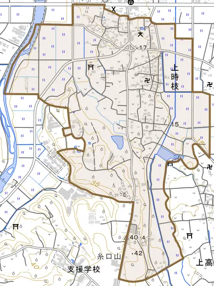 大字上時枝とその周辺の地図。町の範囲を重ねている