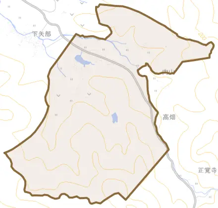 大字上矢部とその周辺の地図。町の範囲を重ねている
