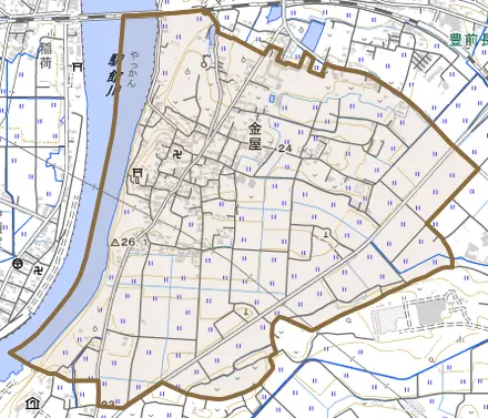 大字金屋とその周辺の地図。町の範囲を重ねている