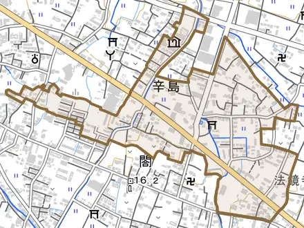 大字辛島とその周辺の地図。町の範囲を重ねている