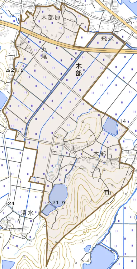 大字木部とその周辺の地図。町の範囲を重ねている