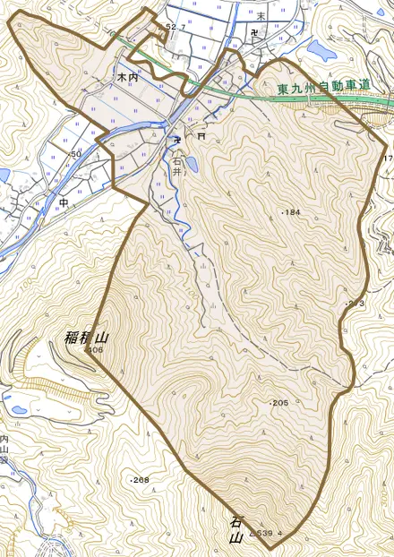大字木内とその周辺の地図。町の範囲を重ねている