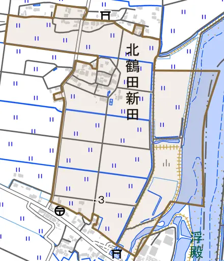 大字北鶴田新田とその周辺の地図。町の範囲を重ねている