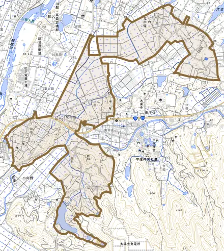 大字北宇佐とその周辺の地図。町の範囲を重ねている
