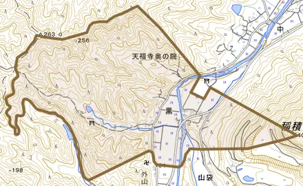 大字黒とその周辺の地図。町の範囲を重ねている