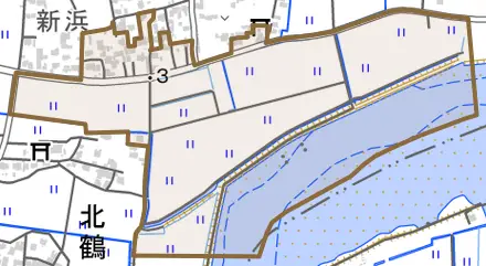 大字久兵衛新田とその周辺の地図。町の範囲を重ねている