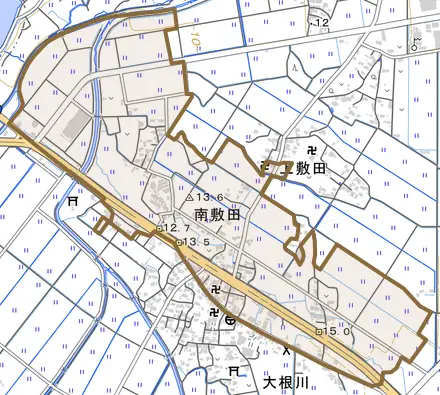 大字南敷田とその周辺の地図。町の範囲を重ねている