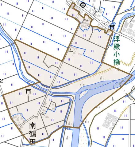大字南鶴田新田とその周辺の地図。町の範囲を重ねている