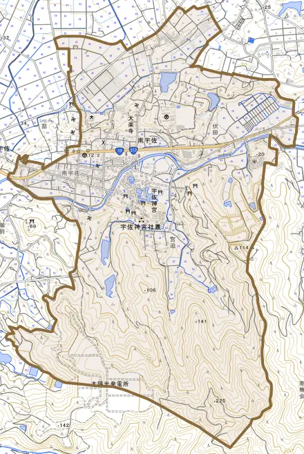 大字南宇佐とその周辺の地図。町の範囲を重ねている