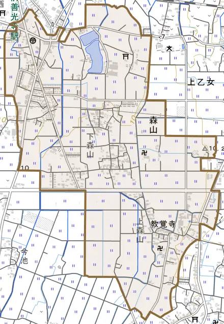 大字森山とその周辺の地図。町の範囲を重ねている