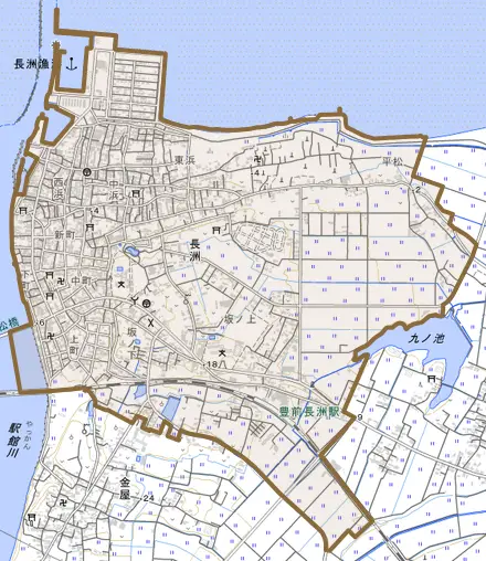 大字長洲とその周辺の地図。町の範囲を重ねている