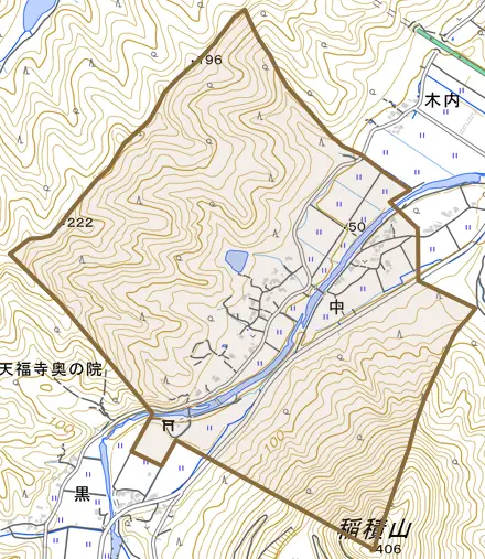 大字中とその周辺の地図。町の範囲を重ねている