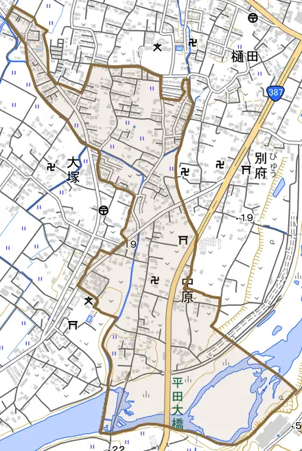 大字中原とその周辺の地図。町の範囲を重ねている