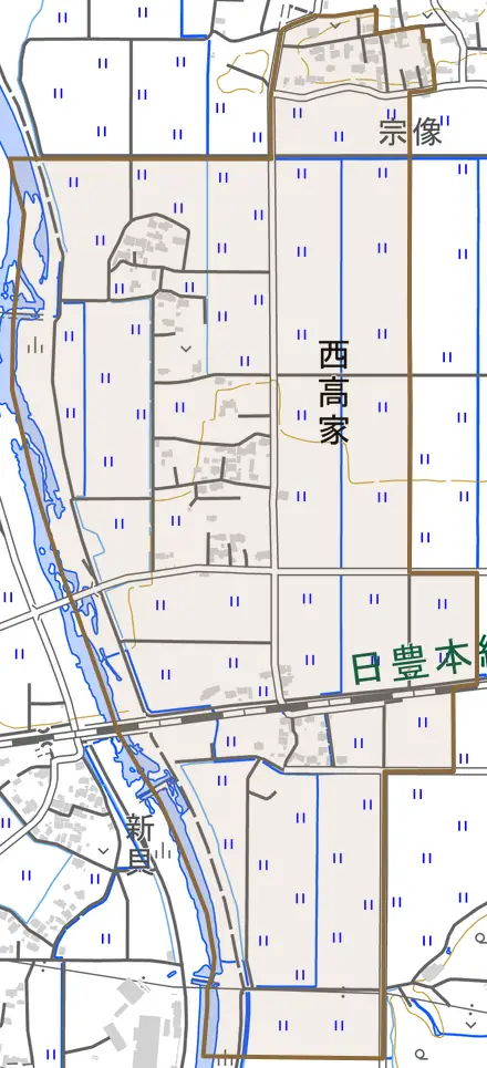 大字西高家とその周辺の地図。町の範囲を重ねている