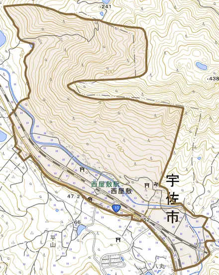 大字西屋敷とその周辺の地図。町の範囲を重ねている