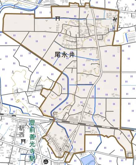大字尾永井とその周辺の地図。町の範囲を重ねている