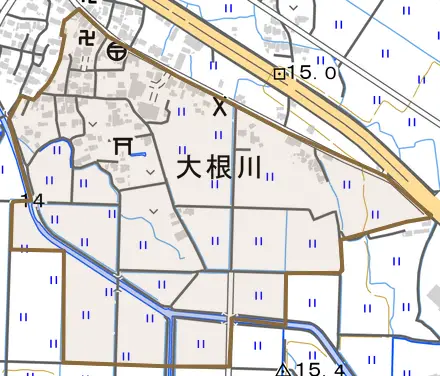 大字大根川とその周辺の地図。町の範囲を重ねている