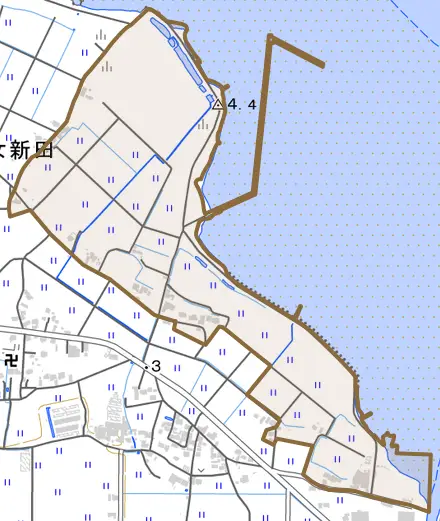 大字乙女新田とその周辺の地図。町の範囲を重ねている