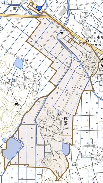 大字佐野とその周辺の地図。町の範囲を重ねている