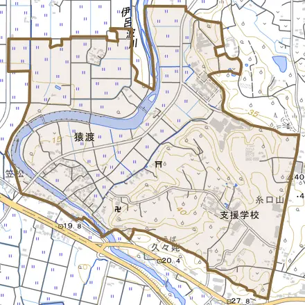 大字猿渡とその周辺の地図。町の範囲を重ねている