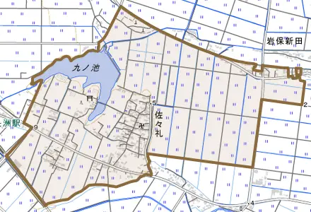 大字佐々礼とその周辺の地図。町の範囲を重ねている