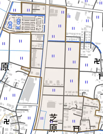 大字芝原とその周辺の地図。町の範囲を重ねている