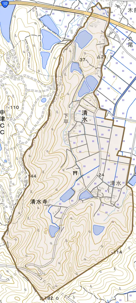 大字清水とその周辺の地図。町の範囲を重ねている