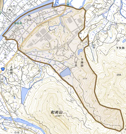 大字下拝田とその周辺の地図。町の範囲を重ねている