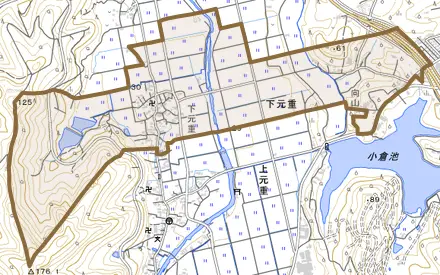 大字下元重とその周辺の地図。町の範囲を重ねている