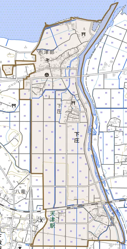 大字下庄とその周辺の地図。町の範囲を重ねている
