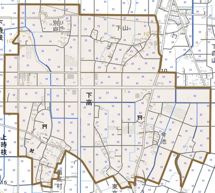 大字下高とその周辺の地図。町の範囲を重ねている
