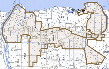 大字下高家とその周辺の地図。町の範囲を重ねている