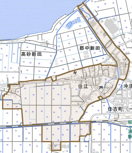 大字住江とその周辺の地図。町の範囲を重ねている