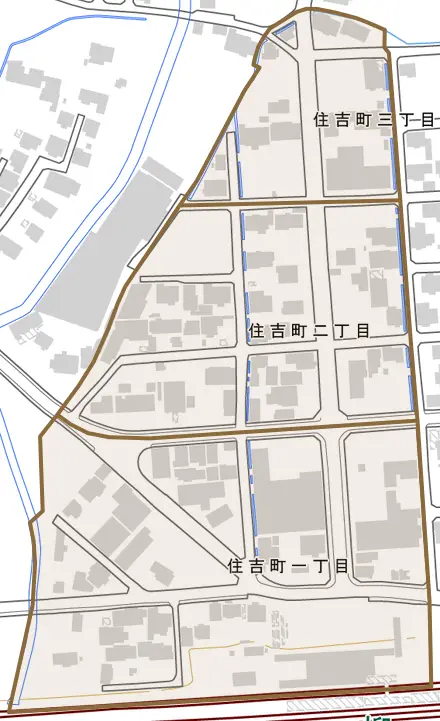 住吉町とその周辺の地図。町の範囲を重ねている