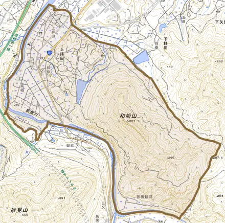 大字上拝田とその周辺の地図。町の範囲を重ねている