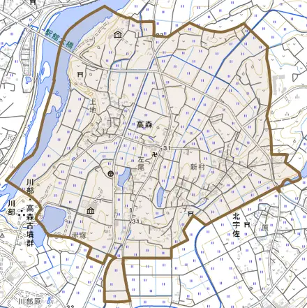 大字高森とその周辺の地図。町の範囲を重ねている