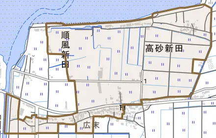 大字高砂新田とその周辺の地図。町の範囲を重ねている
