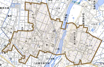 大字上田とその周辺の地図。町の範囲を重ねている