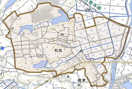 大字和気とその周辺の地図。町の範囲を重ねている