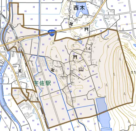 大字山とその周辺の地図。町の範囲を重ねている