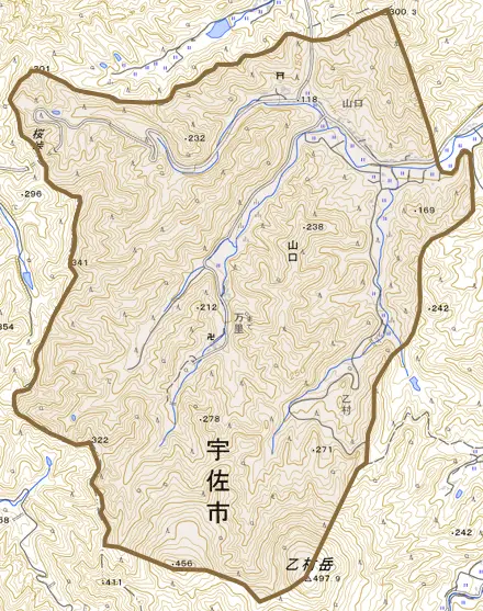 大字山口とその周辺の地図。町の範囲を重ねている