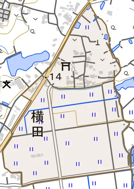 大字横田とその周辺の地図。町の範囲を重ねている