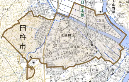 大字江無田とその周辺の地図。町の範囲を重ねている