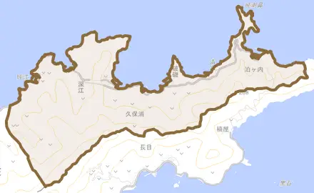 大字深江とその周辺の地図。町の範囲を重ねている