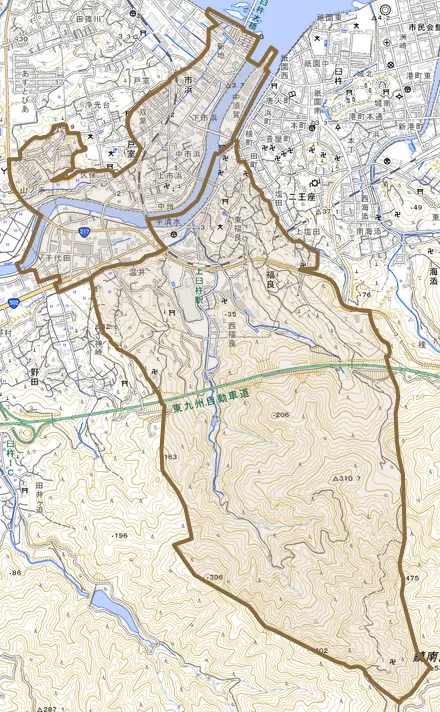 大字福良とその周辺の地図。町の範囲を重ねている