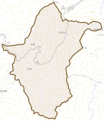 大字東神野とその周辺の地図。町の範囲を重ねている