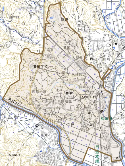 大字井村とその周辺の地図。町の範囲を重ねている