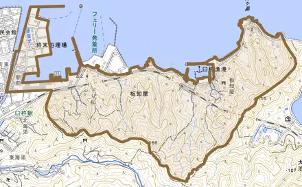 大字板知屋とその周辺の地図。町の範囲を重ねている