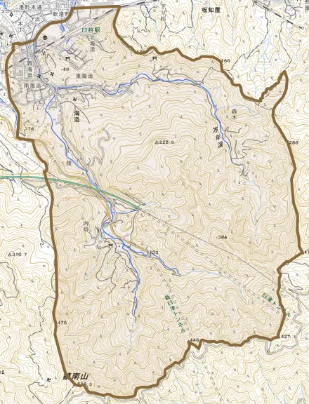 大字海添とその周辺の地図。町の範囲を重ねている